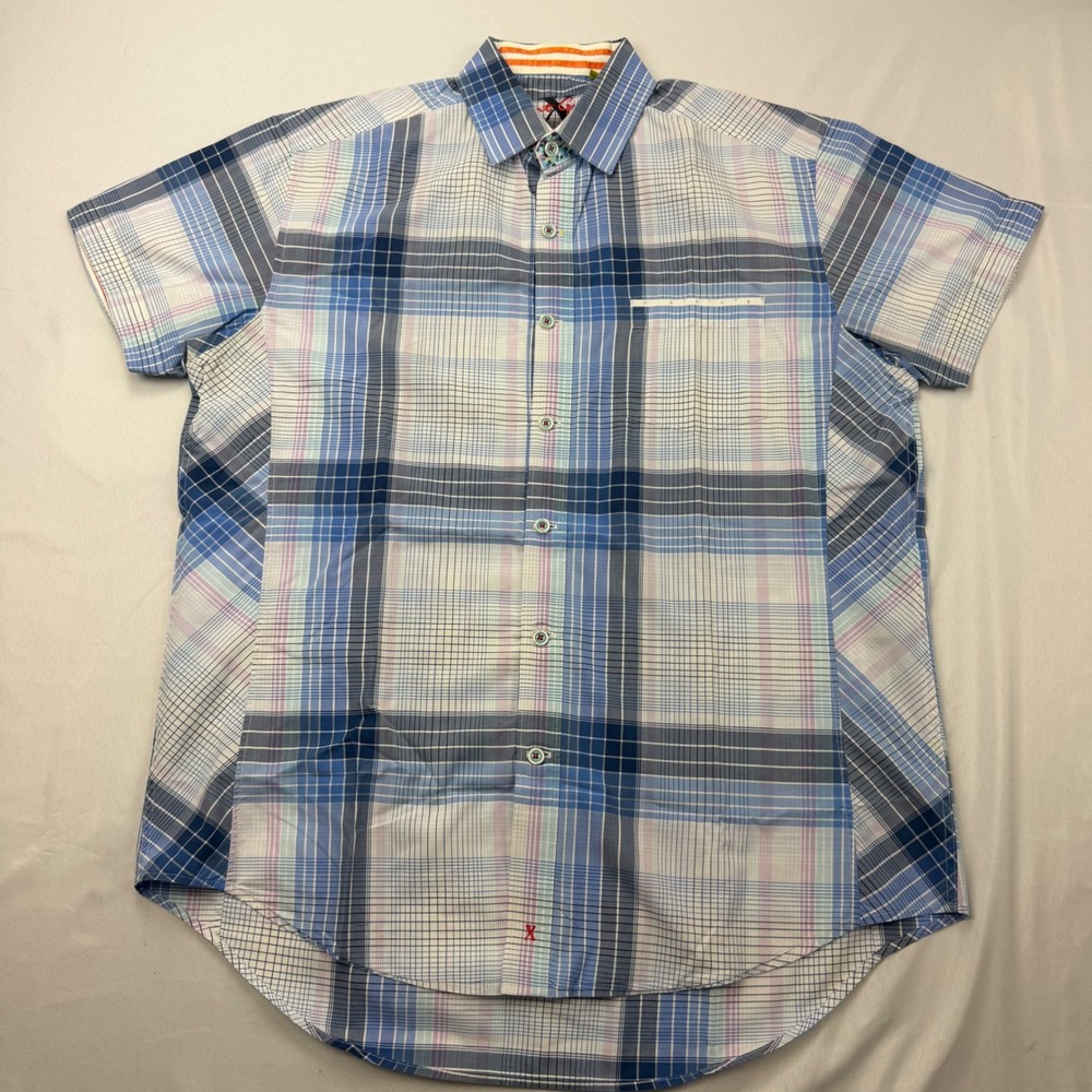 Robert Graham Button Down Shirt Mens Medium Blue Plaid Tailored Fit Short Sleeve